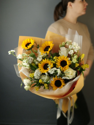 Букет с подсолнужами "Осенний джаз" №60655-Дв
